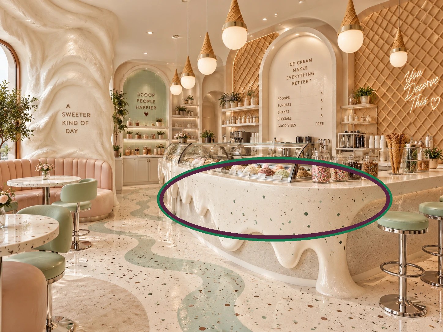 AI generated ice cream shop with a melting counter