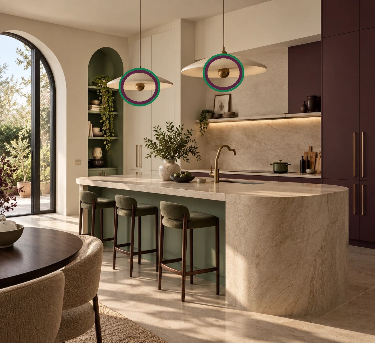 AI generated kitchen with a curved travertine island