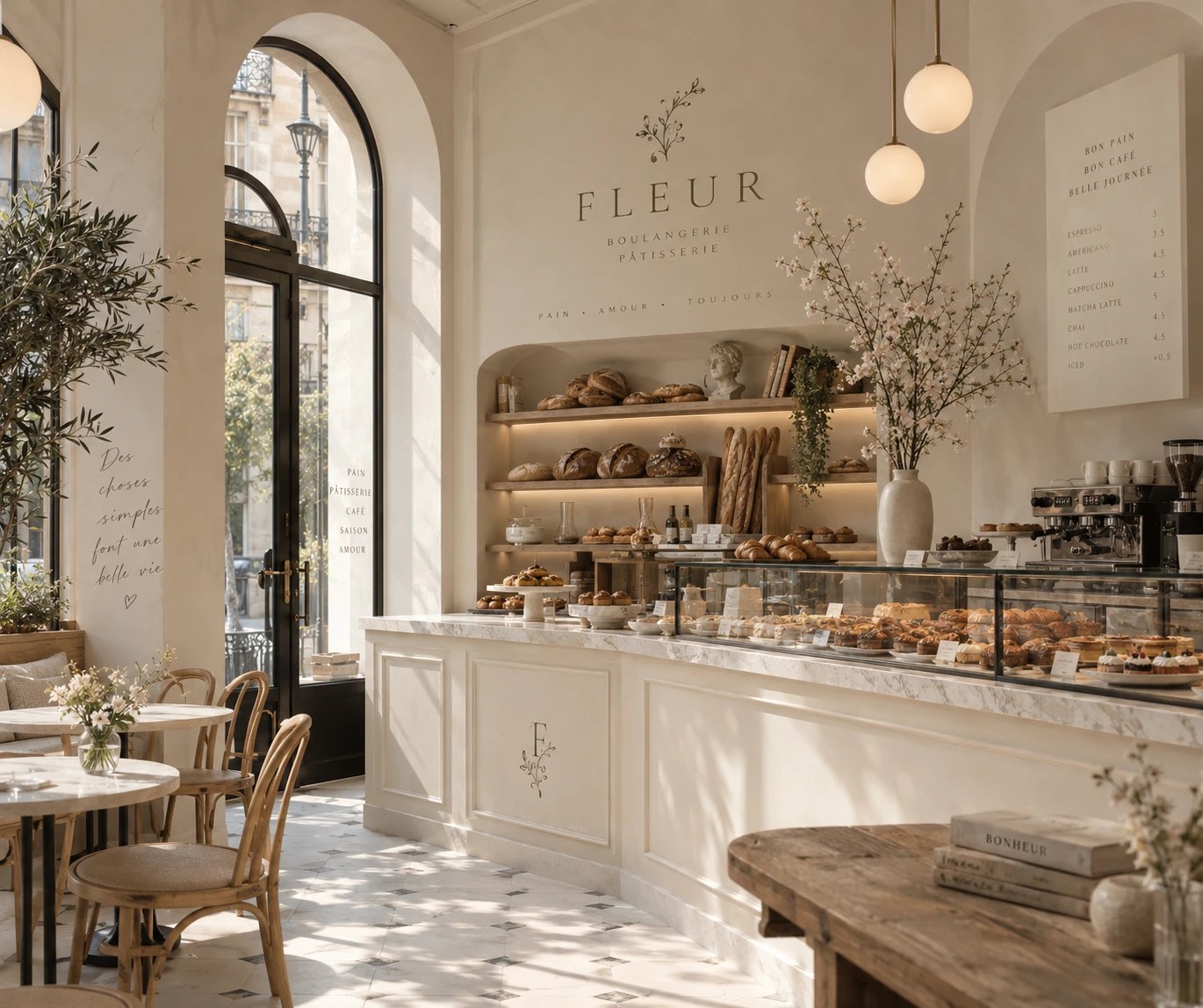 AI generated cream bakery with arched windows