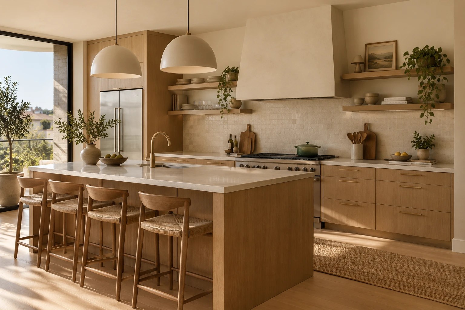 An AI generated kitchen with a pale oak island, white stools, two big pendant lights and a plaster range hood