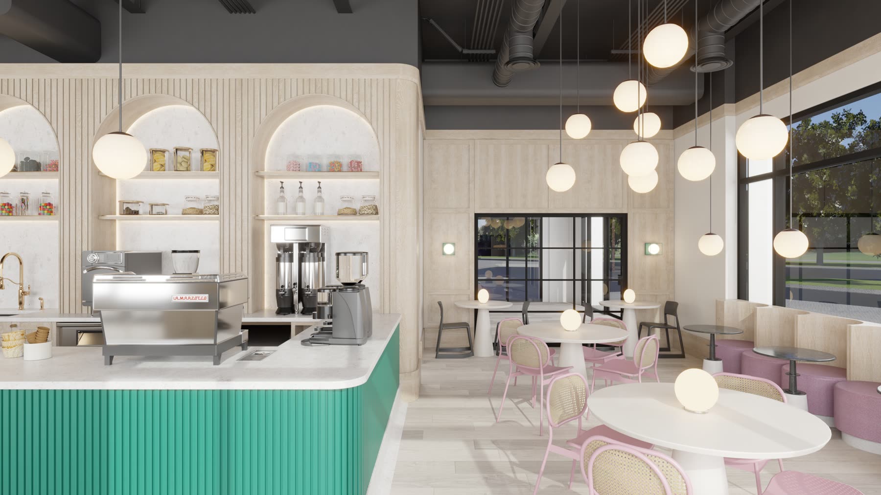 Author's Ice Cream photoreal rendering: arched shelves, globe pendants, green fluted counter