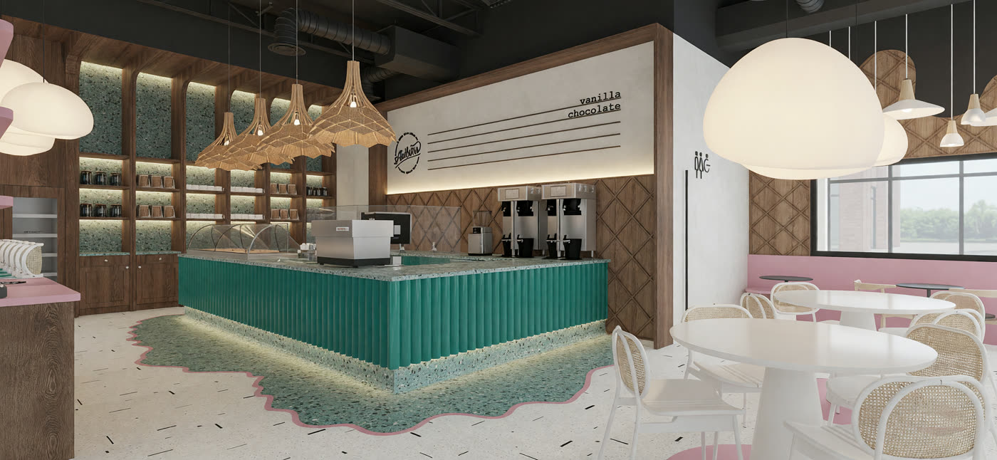 Quick lighting render 1: the parlor with the green fluted counter, rattan pendants and a terrazzo apron