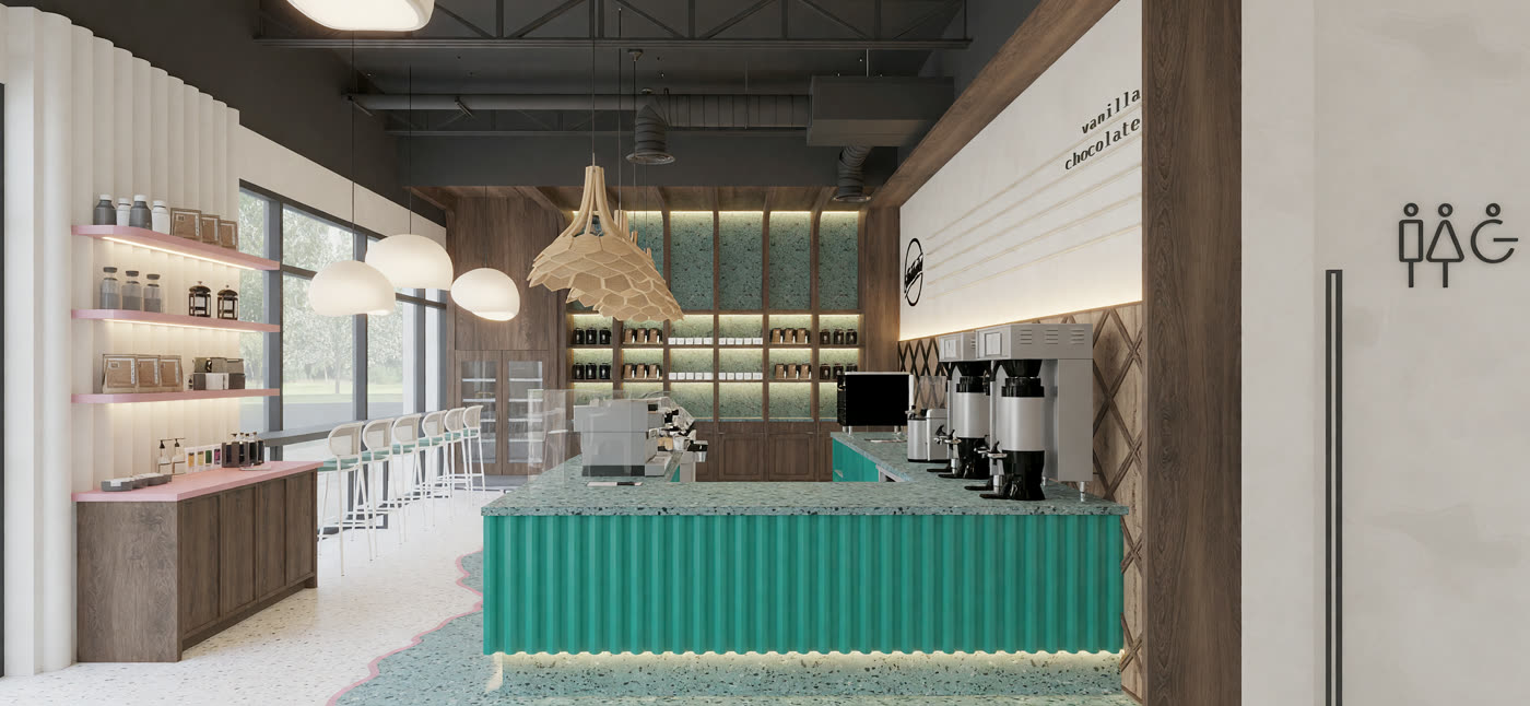 Quick lighting render 2: the parlor with the green fluted counter, rattan pendants and a terrazzo apron
