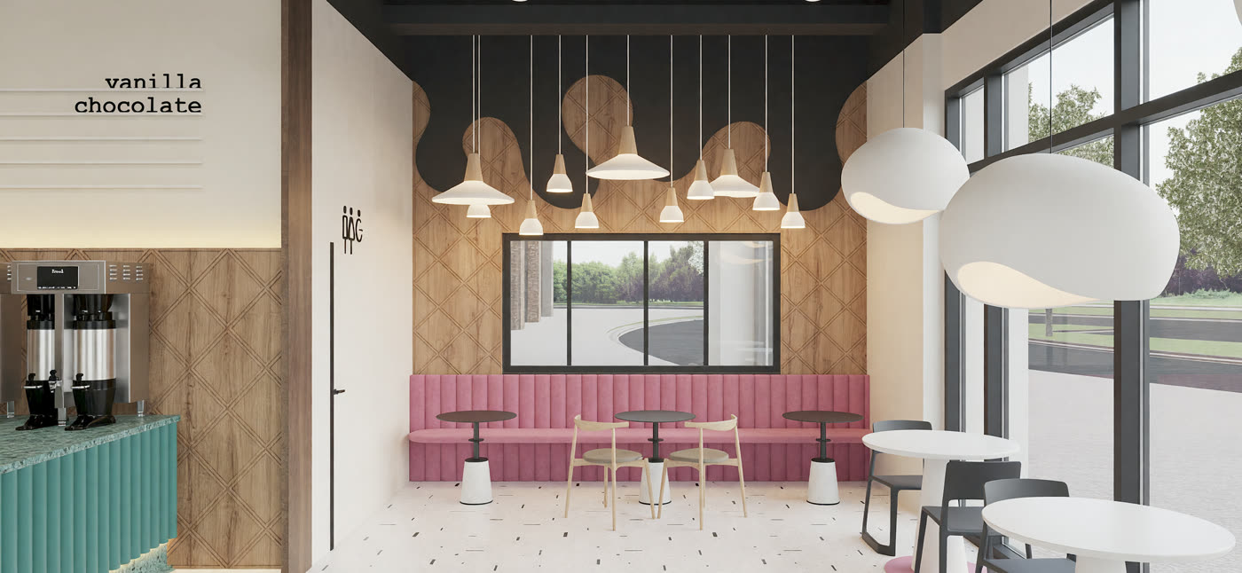 Quick lighting render 3: the parlor with the green fluted counter, rattan pendants and a terrazzo apron