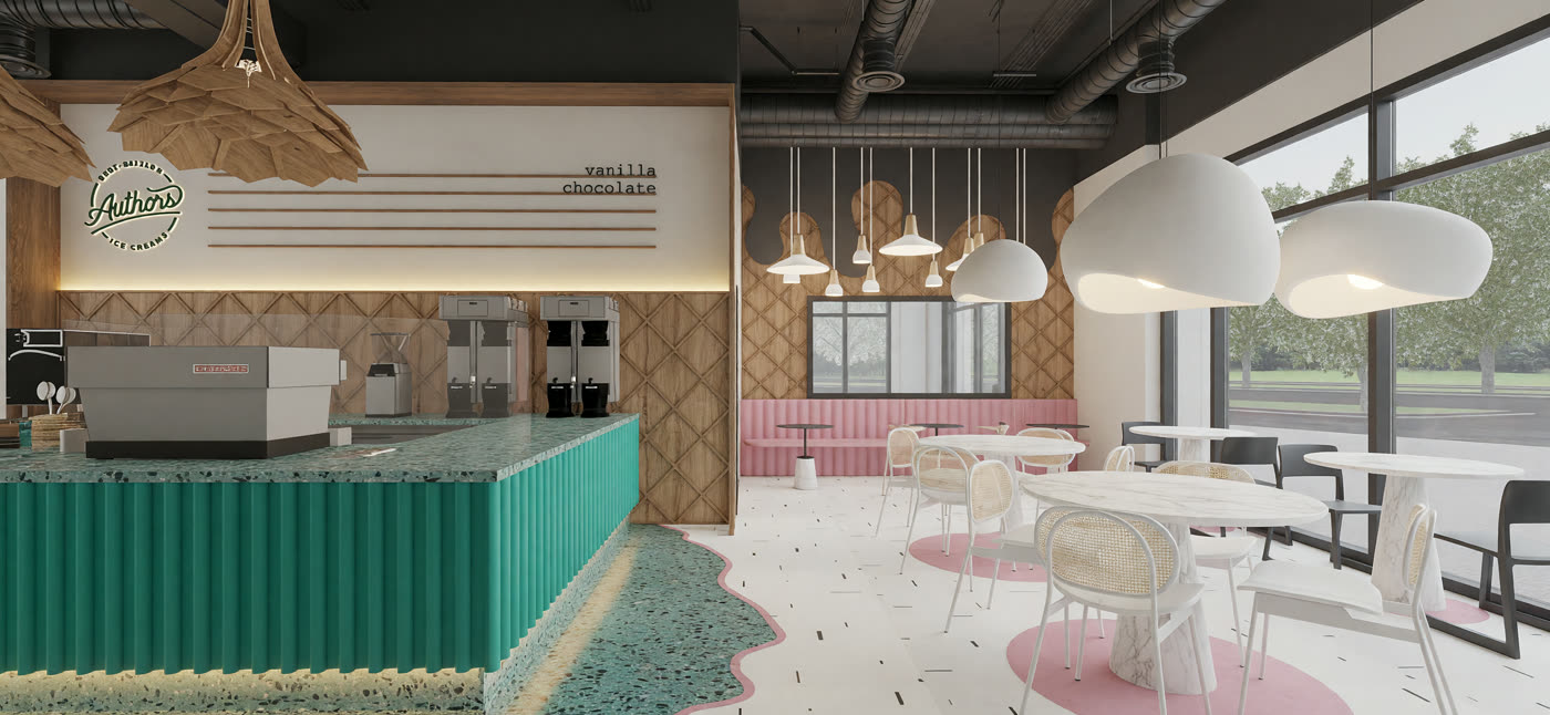 Quick lighting render 4: the parlor with the green fluted counter, rattan pendants and a terrazzo apron