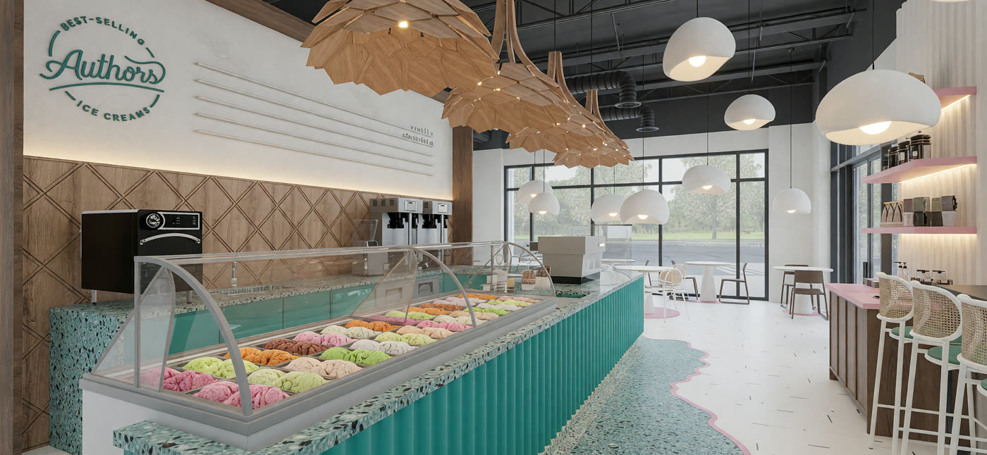 Quick lighting render 5: the parlor with the green fluted counter, rattan pendants and a terrazzo apron