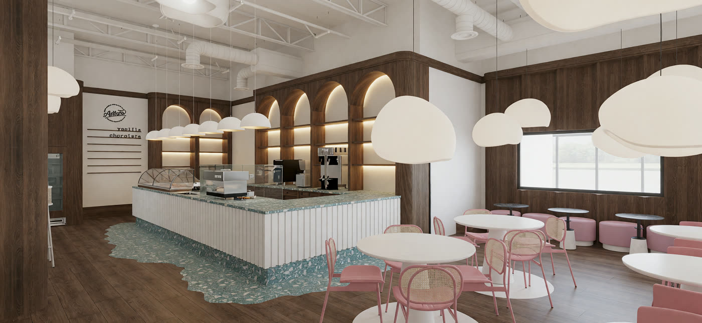 Quick lighting render 6: the parlor with the green fluted counter, rattan pendants and a terrazzo apron