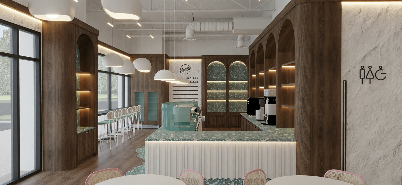 Quick lighting render 7: the parlor with the green fluted counter, rattan pendants and a terrazzo apron
