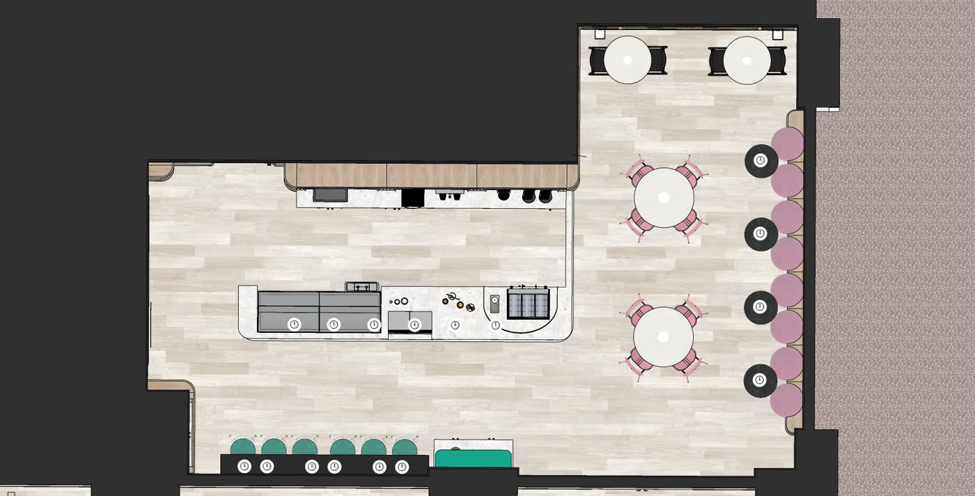 Author's Ice Cream floor plan: counter, display cases and tables from above