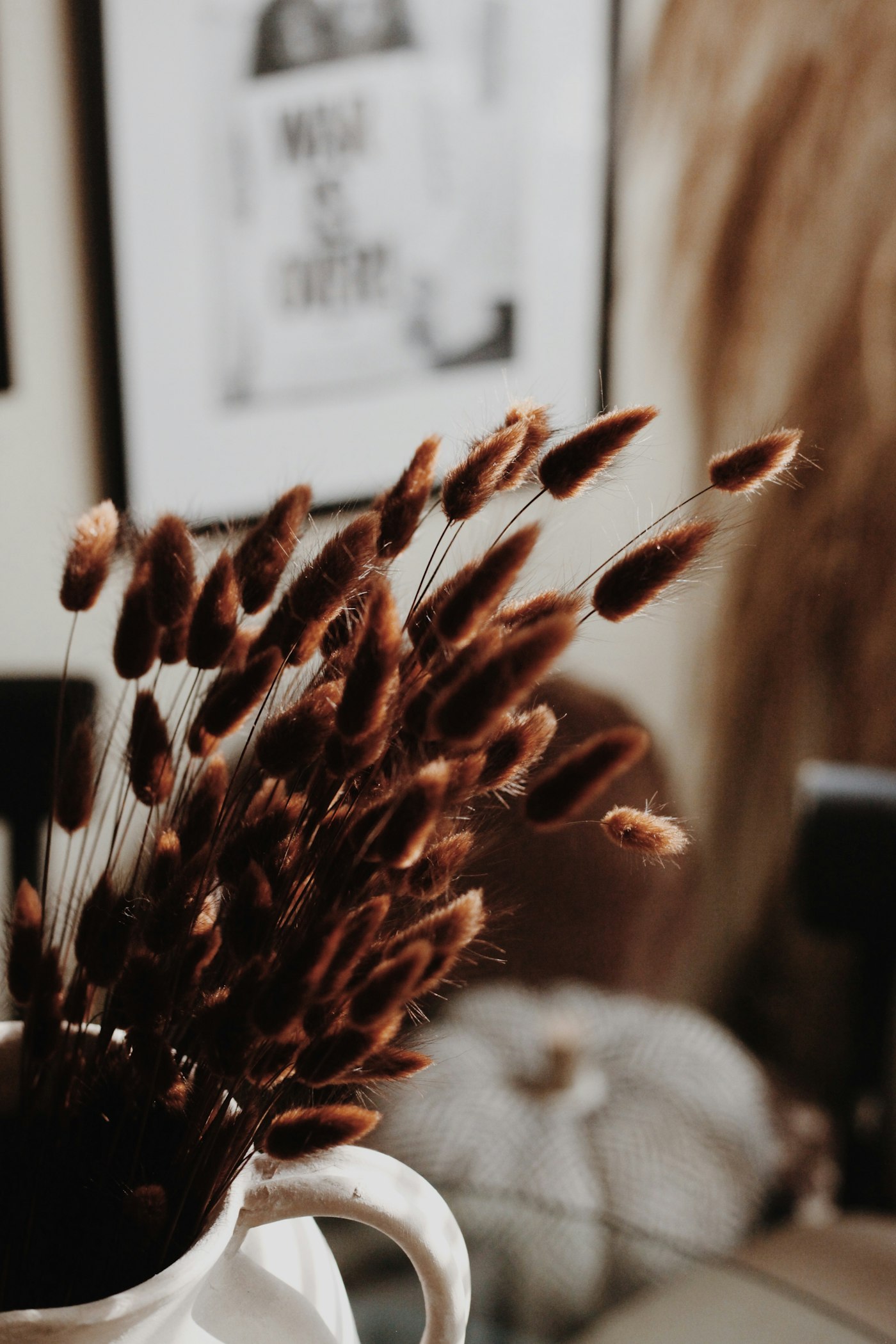 Dried brown bunny tail grass in a white jug, a knit pumpkin blurred behind it