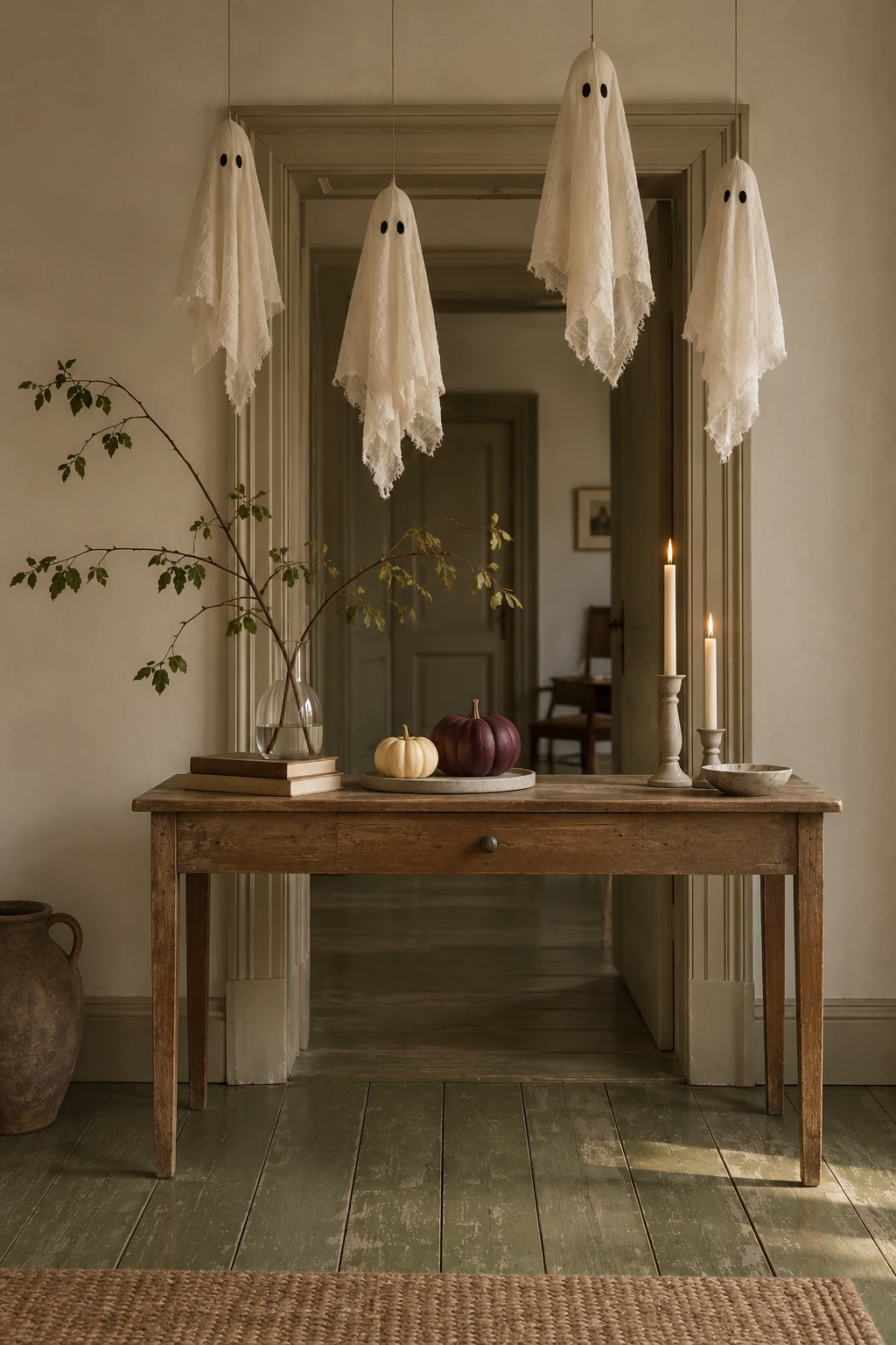 Four loose-weave linen ghosts hanging over an old wood console with a branch in a glass vase, a cream and a plum pumpkin, and two lit tapers