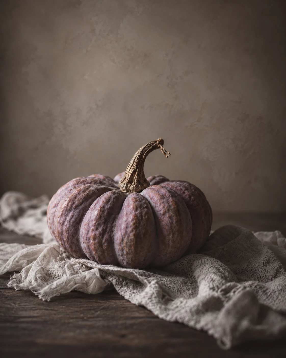 A deep plum pumpkin on gray cheesecloth against a moody gray wall