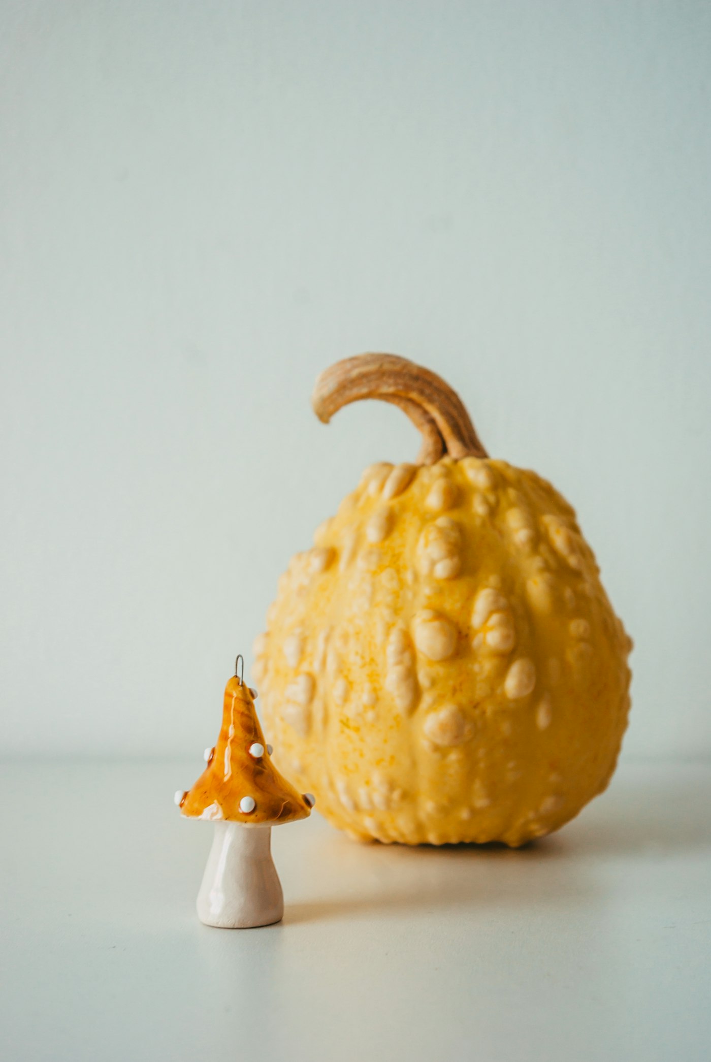 A tiny glazed ceramic mushroom with white dots next to a big warty yellow gourd with a curly stem