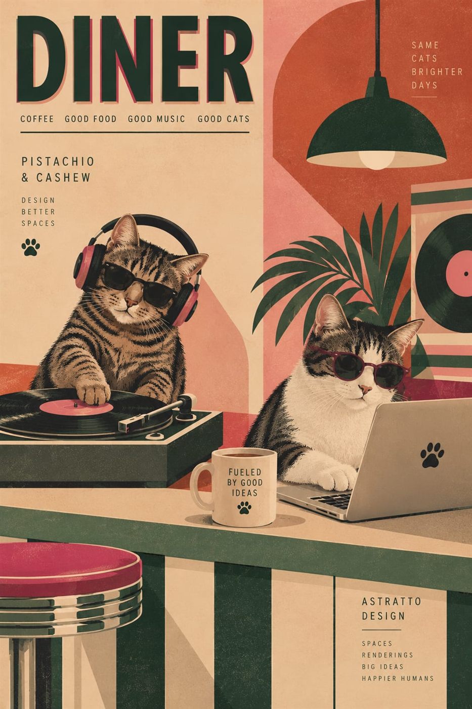 AI-illustrated retro diner poster of Pistachio and Cashew in sunglasses, one spinning a record and one working on a laptop