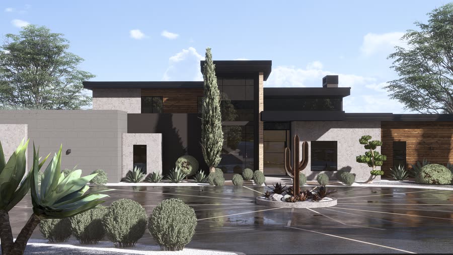 Casa Saguaro, the front elevation across the motor court, dark stucco and timber behind a saguaro and a cypress