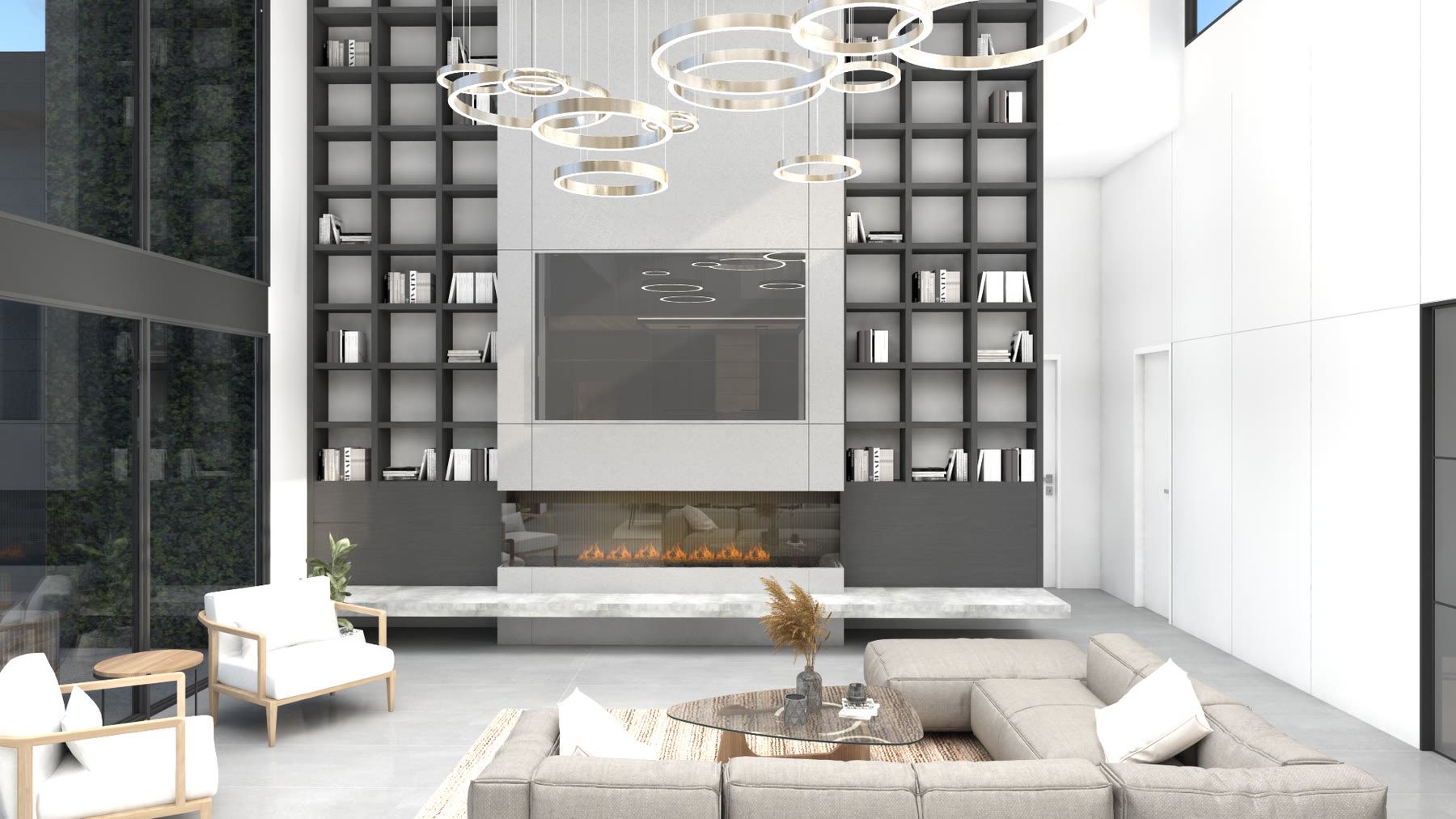 Casa Saguaro, the double-height living room rendered with a wall of black shelving and ring chandeliers