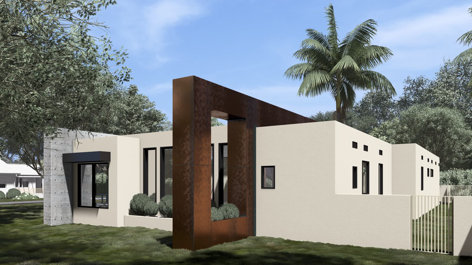A single story house in pale render behind a tall weathering steel entry portal, with black framed glazing, flat roofs and palms overhead