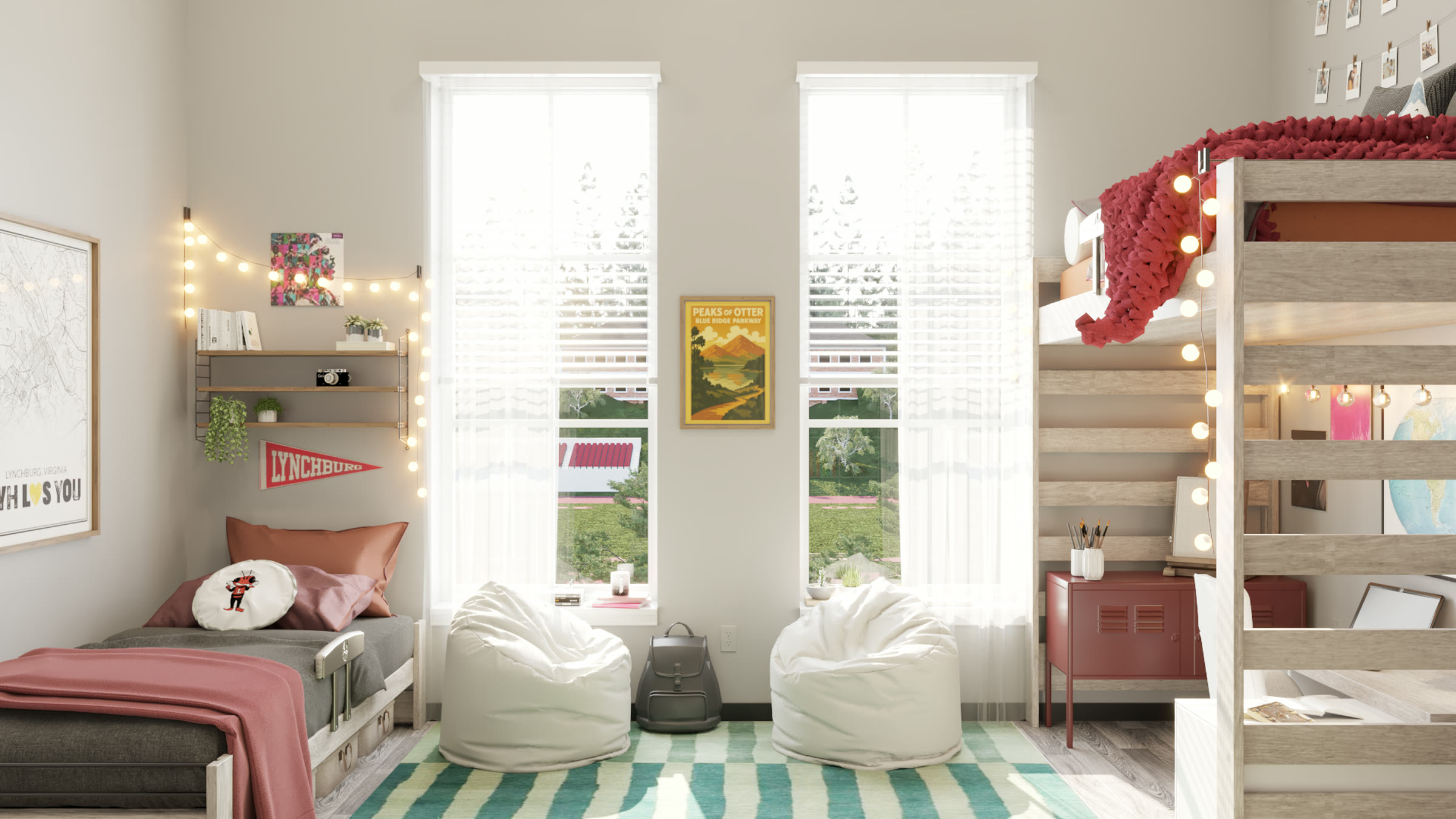 A staged student bedroom seen from the door: two tall windows under fairy lights, bean bags on a striped rug, a single bed left and a loft bed right