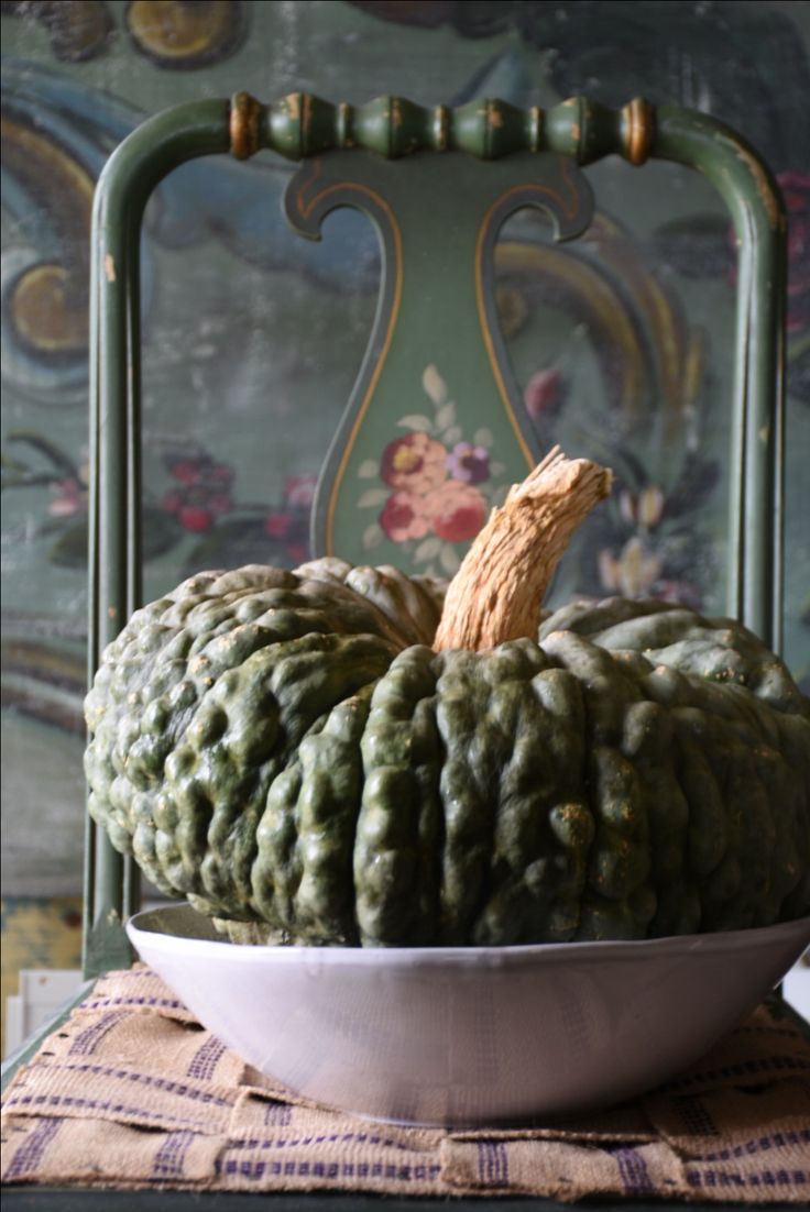 Warty green pumpkin in a white bowl on an old hand-painted floral chair