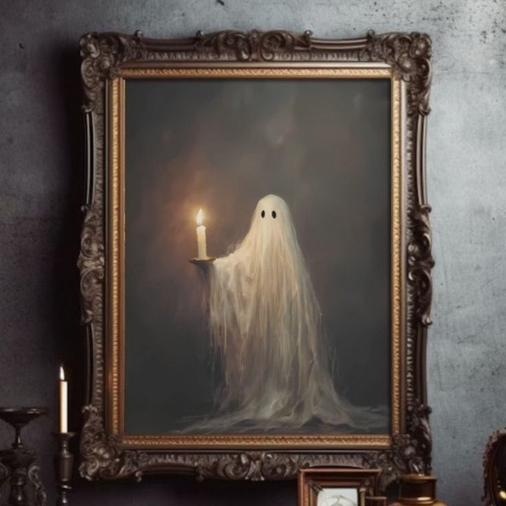 Vintage-style painting of a ghost holding a candle in a gilded frame