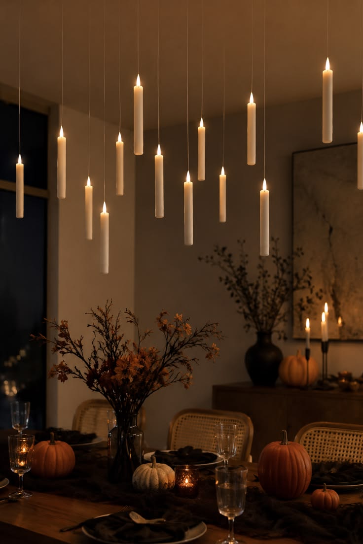 Floating white taper candles glowing over a dark dining table set with pumpkins and fall branches