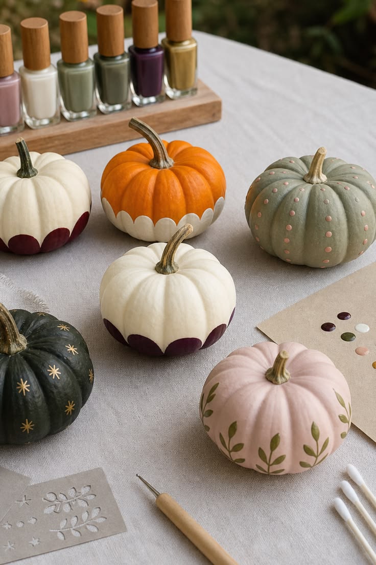 Mini pumpkins painted with nail polish: scalloped edges, dots, stars and vines