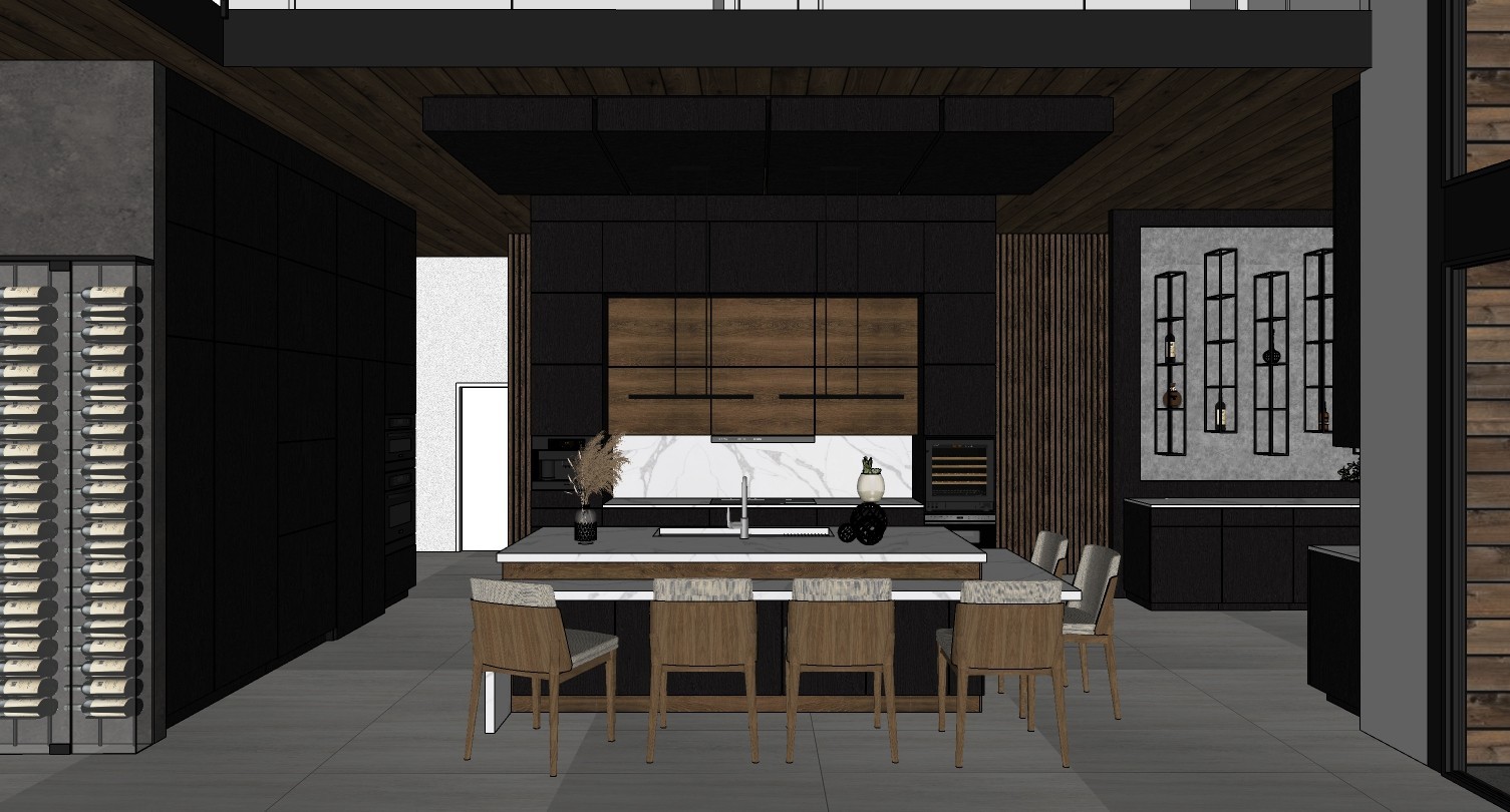 Mannapov kitchen, the 3D draft: dark cabinetry, timber panel, long island