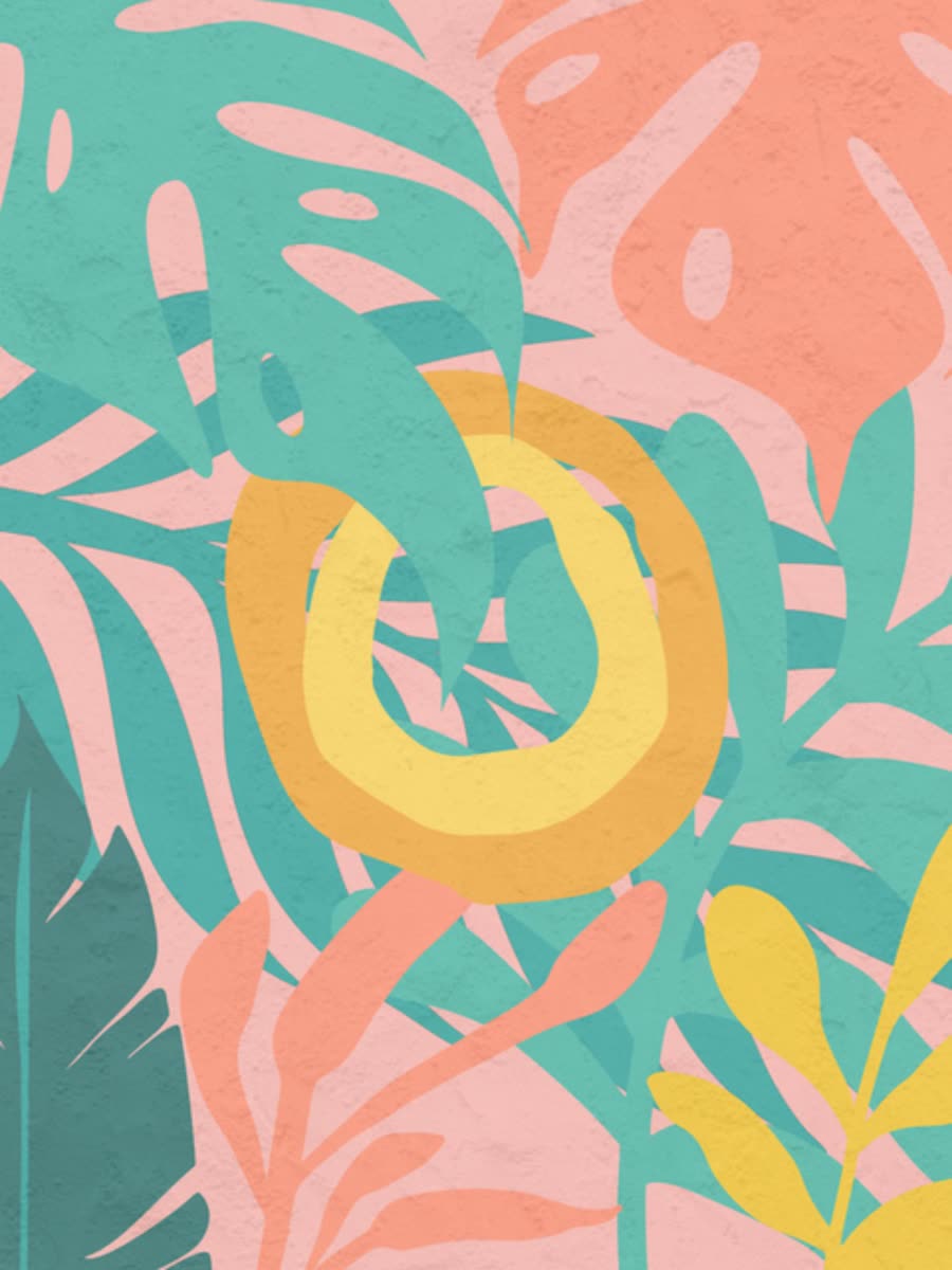 The mural artwork prepared for production: cut paper monstera and palm leaves in teal, coral, blush and yellow on plaster, with a yellow sun ring at the center