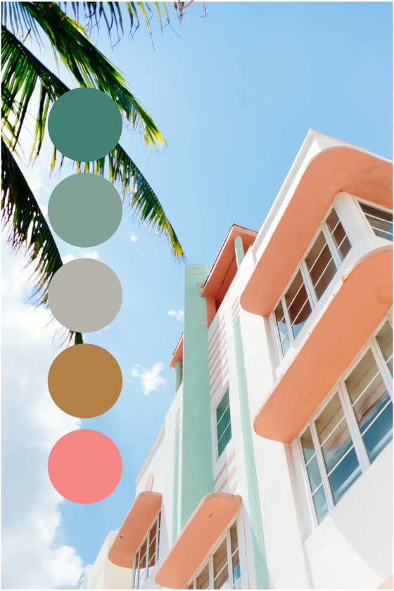 An art deco facade in coral and mint under palms, with a column of sampled colors