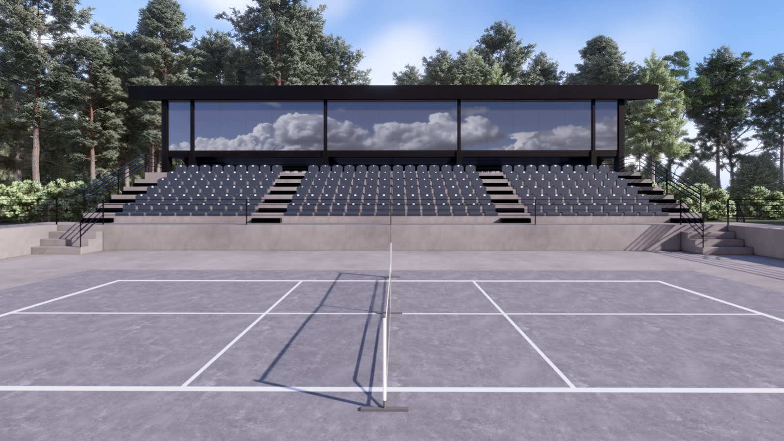 The stadium seen from the top of the seating, the box and its glass rail in the foreground