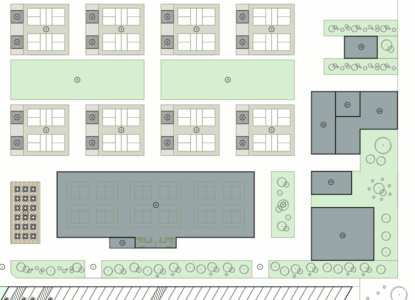 The site plan of the whole club: the court grid at the center, the food hall and its terrace along one edge, the stadium court, the lawn and the members' buildings, each area numbered as in the list above