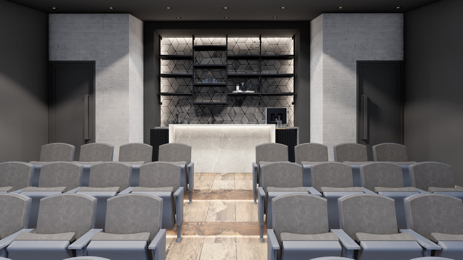 The VIP room: tiered gray seats facing a lit bar and shelves under a dark ceiling