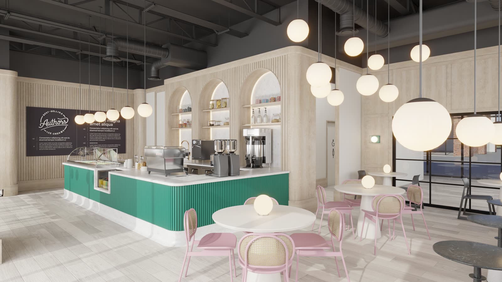 Author's Ice Cream, parlor counter and seating in a literary-themed fit-out