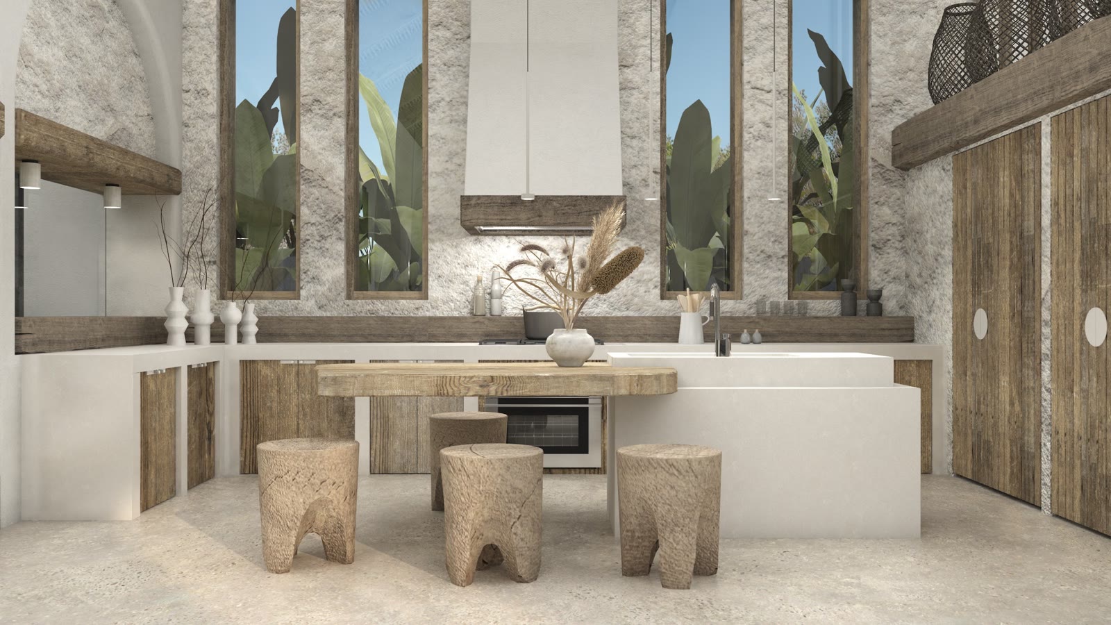 Wabi Sabi Japandi rendering: a plaster kitchen with a stone island and carved timber stools