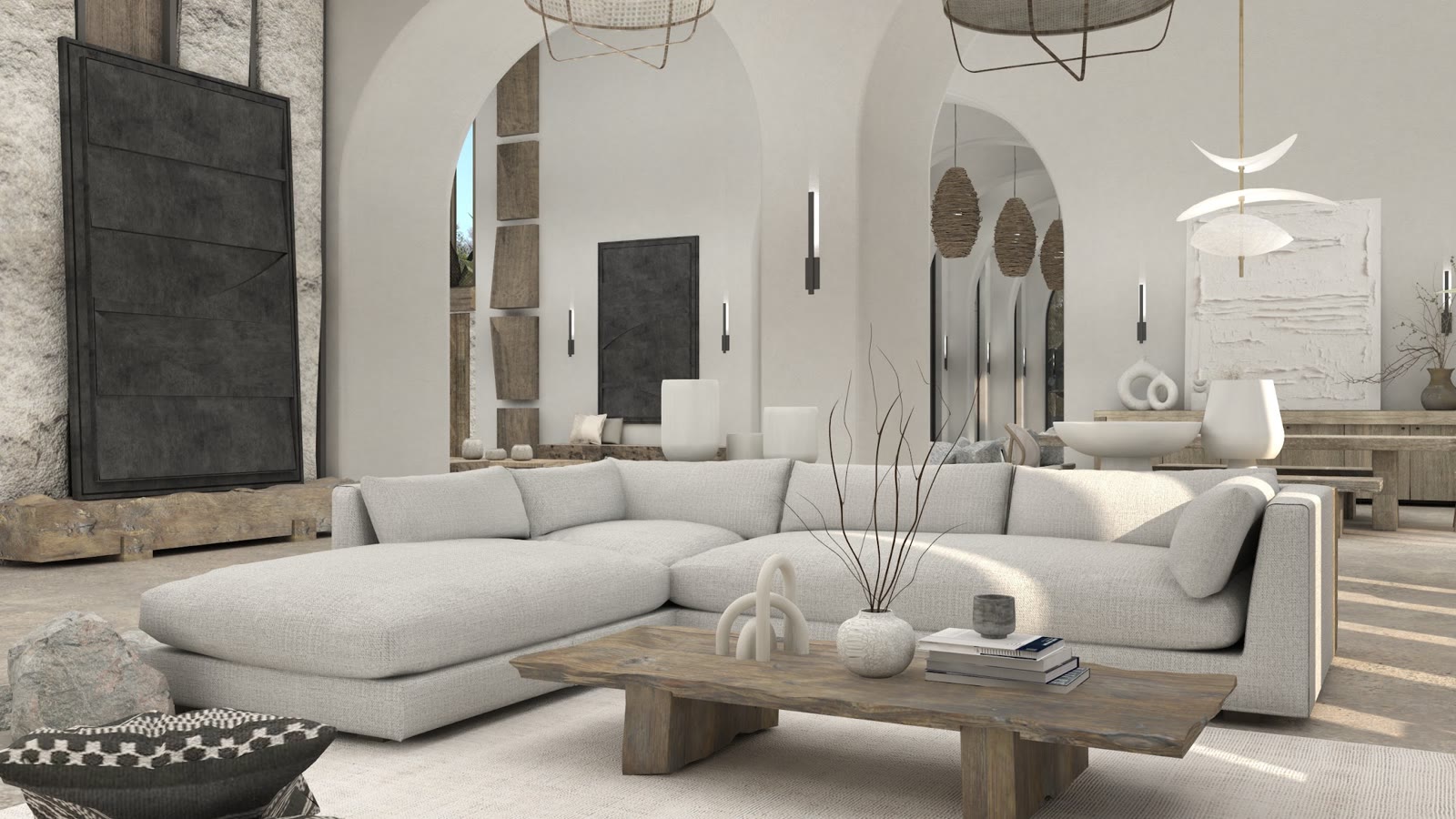 Wabi Sabi Japandi: a low seating room in linen and pale timber