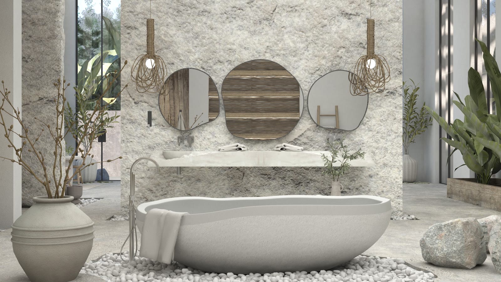 Wabi Sabi Japandi: a stone bathtub with round mirrors and a plaster wall