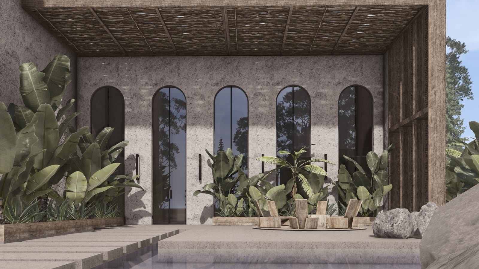 The Arches: a covered terrace framed by stone arches over a reflecting pool