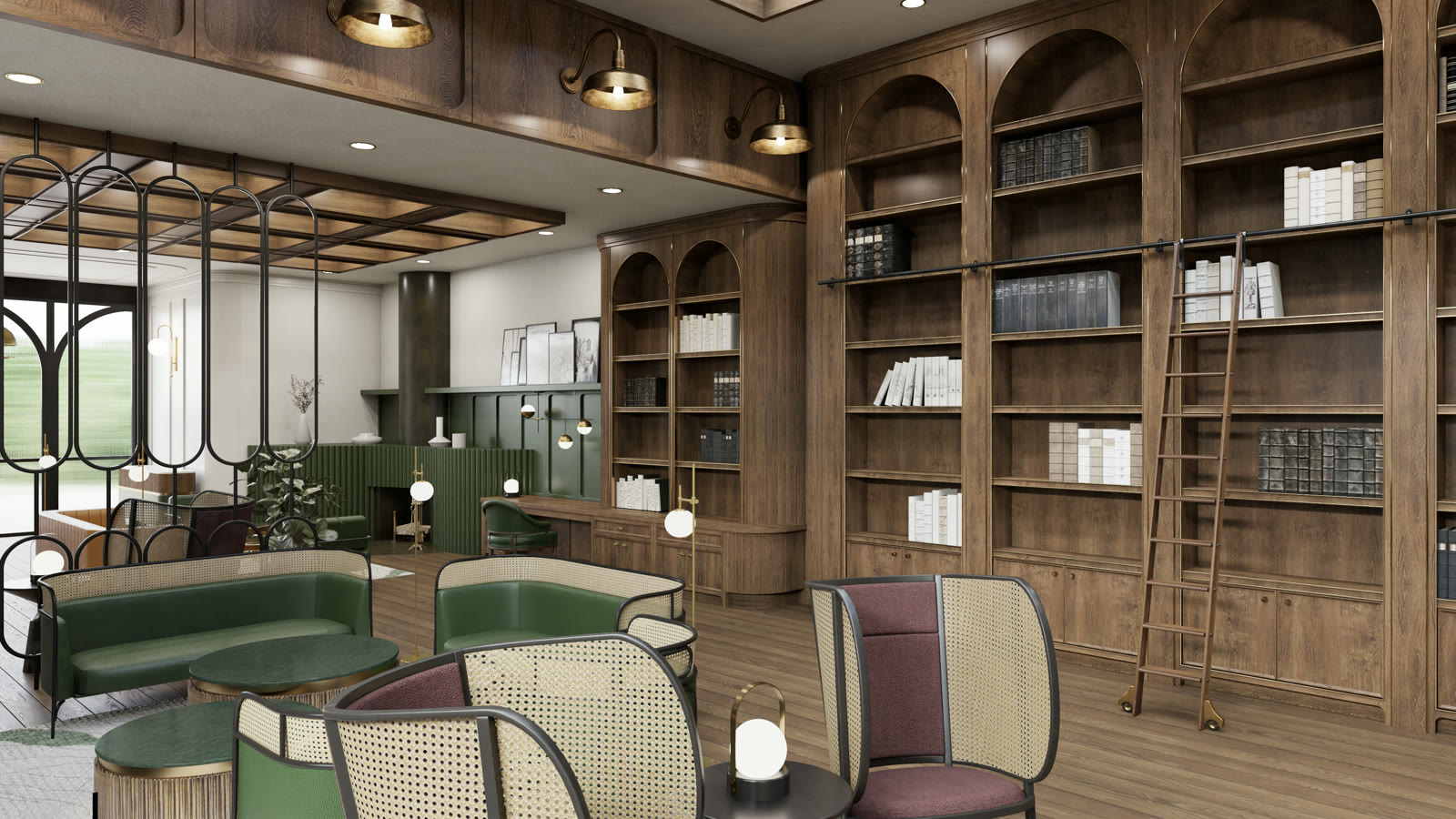 Chapter House: the library with timber shelving, a rolling ladder and green seating