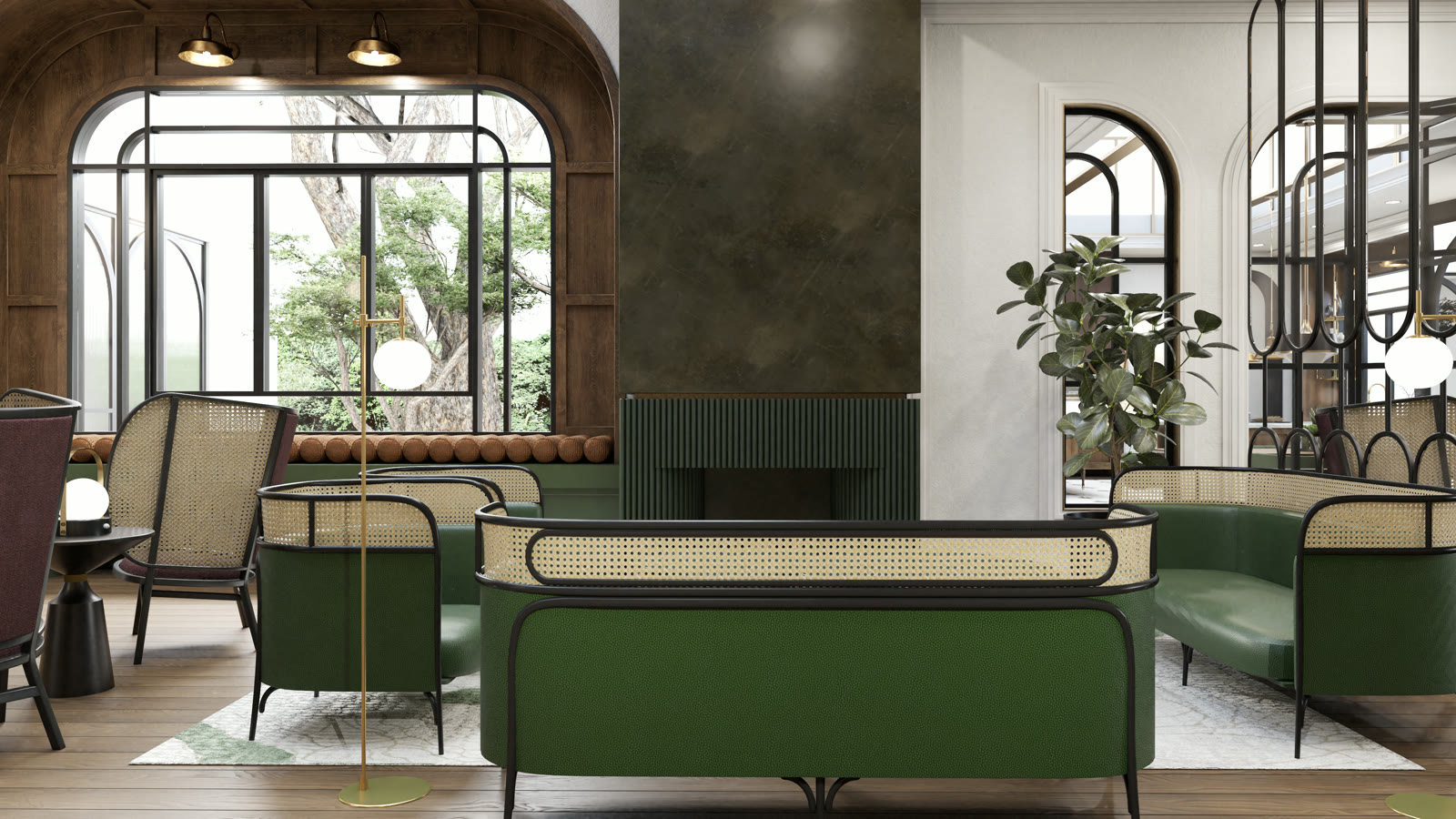 Chapter House: a sitting room with arched steel windows and a green sofa