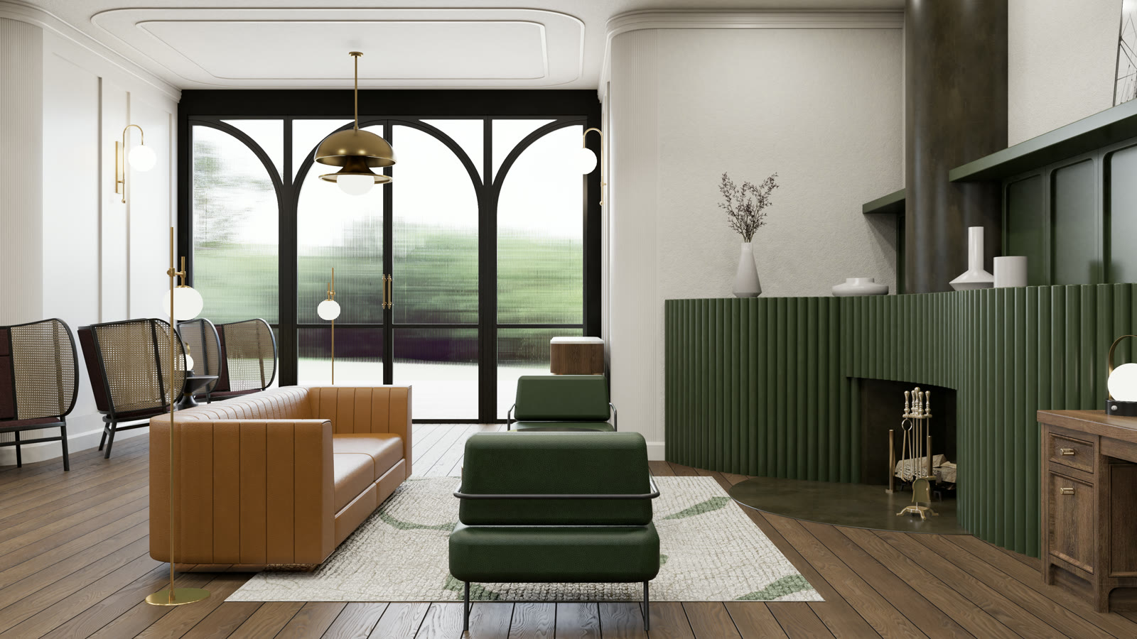 Chapter House: a lounge with green panelling and a leather sofa