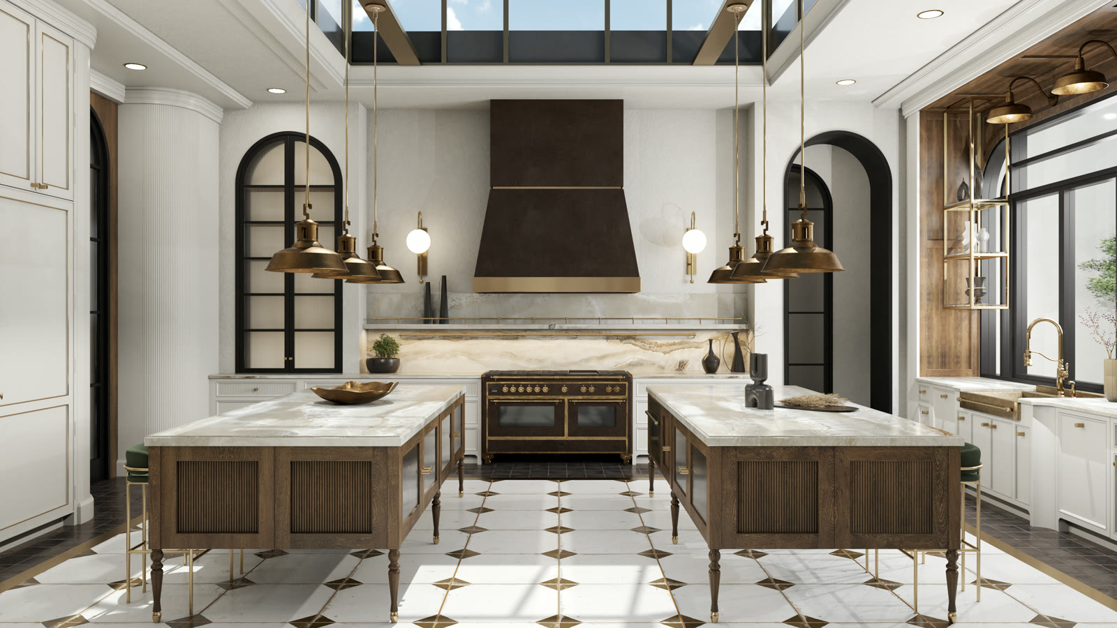 Chapter House rendering: a Victorian kitchen under a skylight with two timber islands and brass pendants
