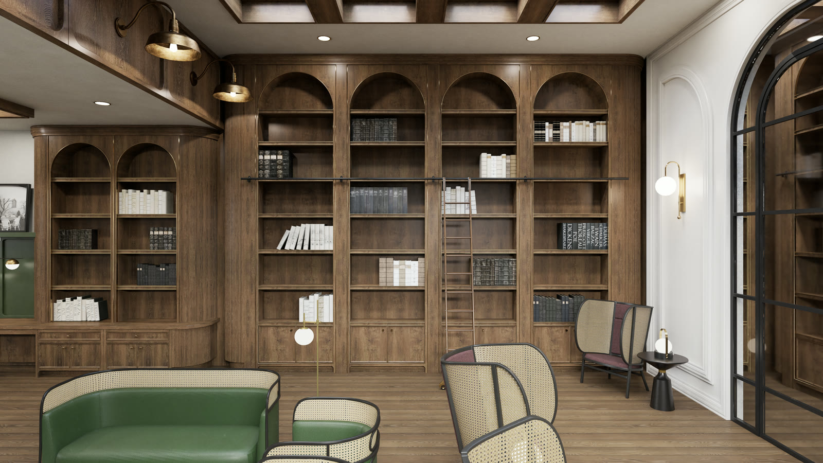 Chapter House: a library wall of books beside a green banquette