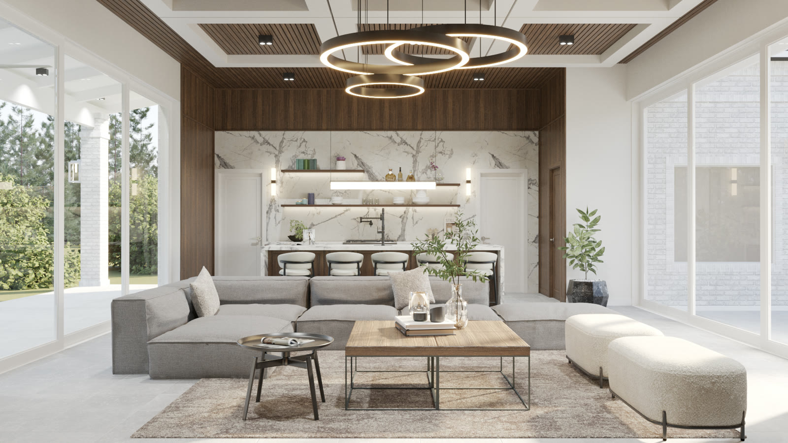A living room with ring chandeliers and a walnut media wall under a coffered ceiling