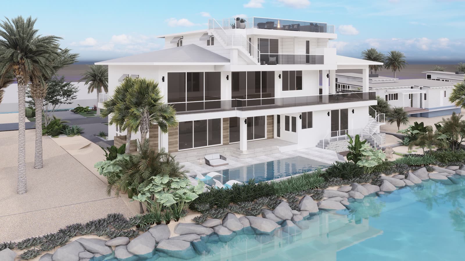 Strange Residence: the white three-story house from the water, with the pool, rocks and palms