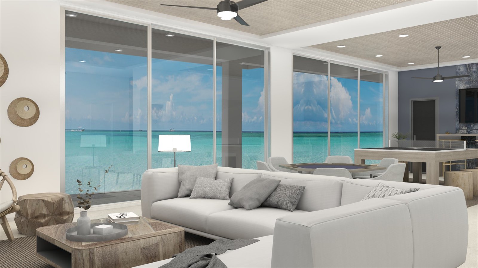 Strange Residence rendering: a living room looking through full-height glass to turquoise water