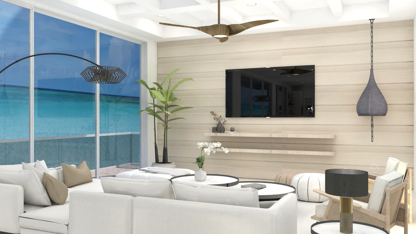 Strange Residence: the living room with a timber feature wall and ocean views