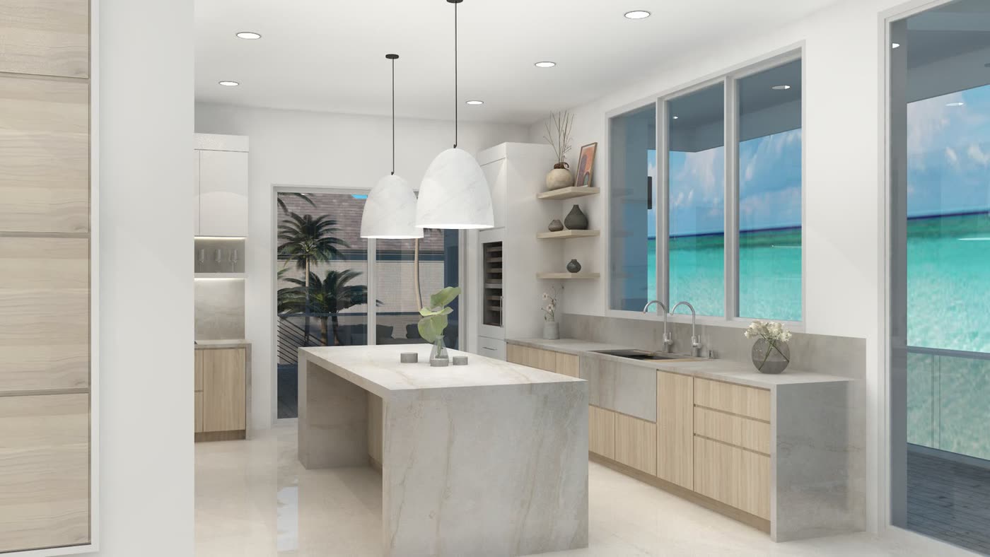 Strange Residence: the kitchen with a stone island, pendants and ocean views