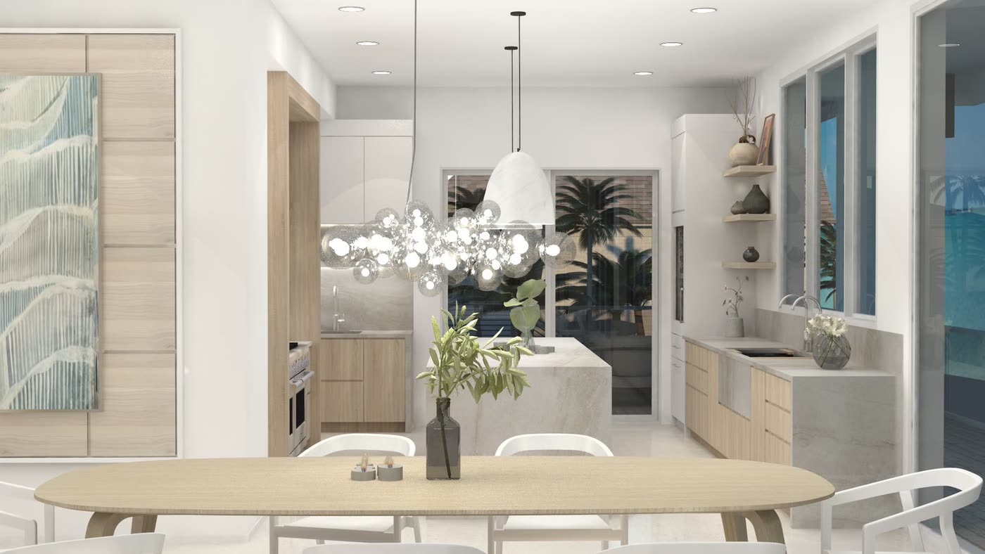 Strange Residence: the dining table with the kitchen beyond