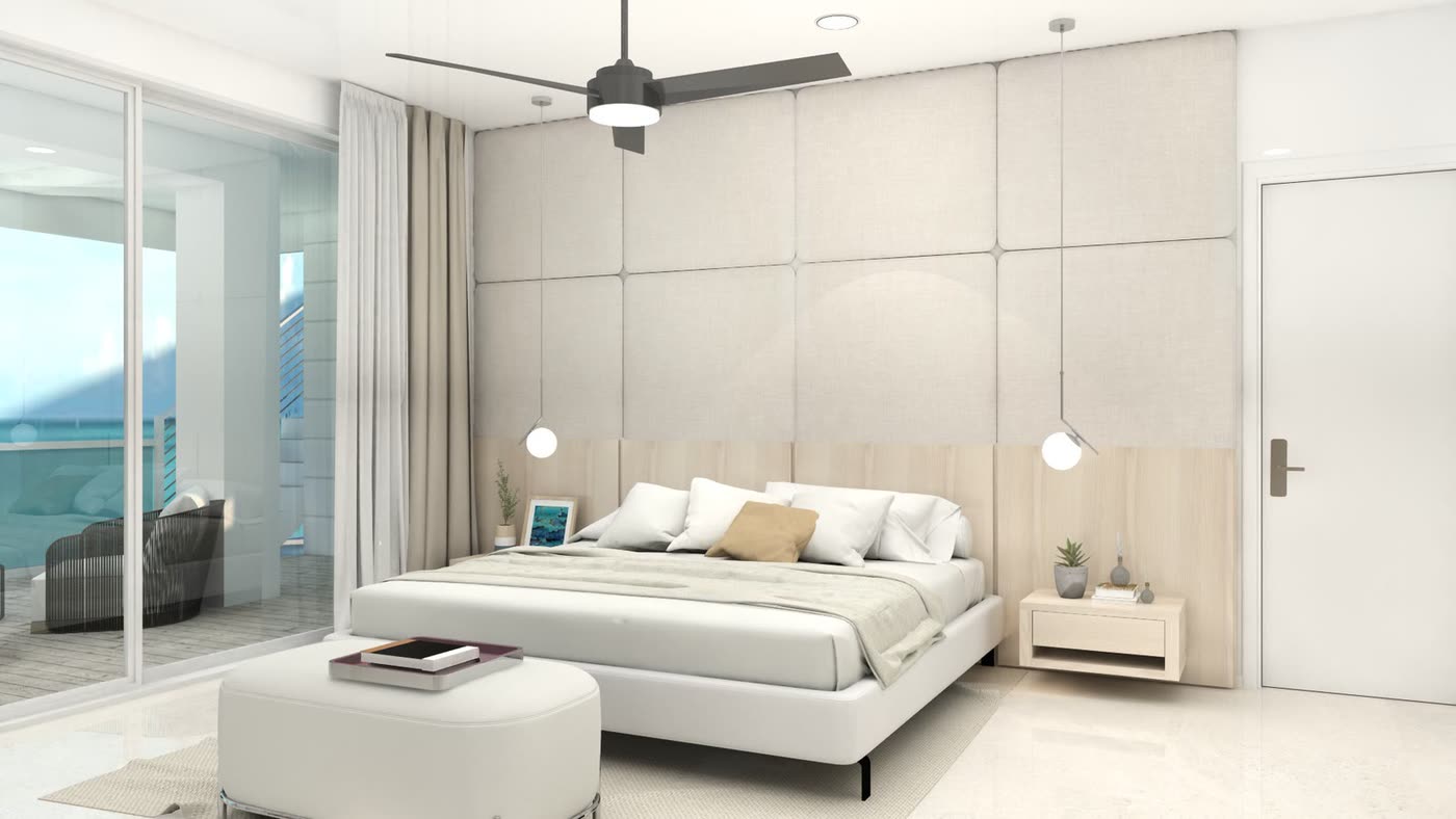 Strange Residence: a bedroom facing full-height glass to the water