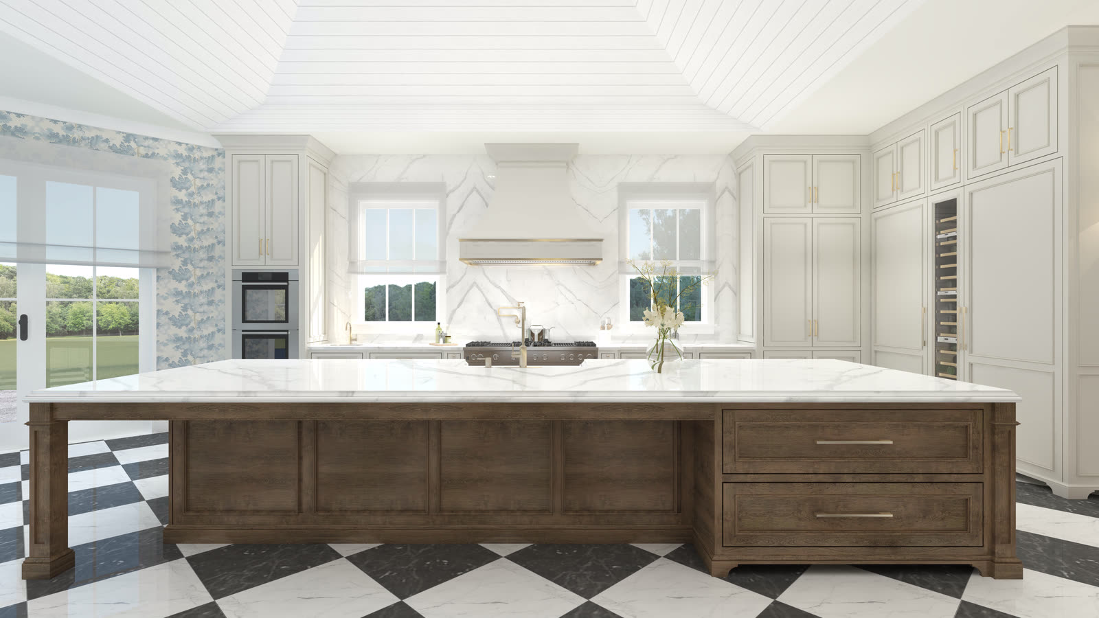 A classical kitchen with twin islands, a checkerboard marble floor, toile papered walls and a bay window to the water